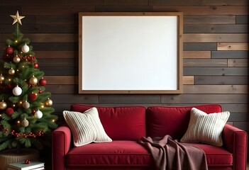 A cozy living room a large blank frame on a rustic wooden wall. A Christmas tree with vintage ornaments stands next to a black red sofa knitted pillows,mockup frame is decorated with natural elements 