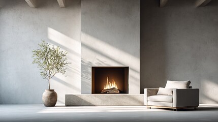 Cozy Minimalism at Home: Beige Fireplace Bathed in Sunlight with Copy Space on Wall