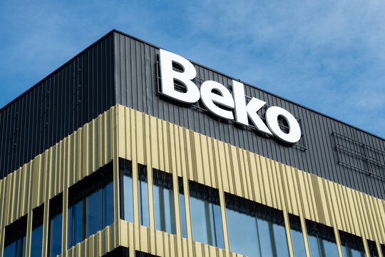 Beko logo sign on the Nowa Fabryczna corporate office building in Ł&oacute;dź. Modern business center complex. Signboard with brand logotype on February 8, 2025 in Lodz, Poland.