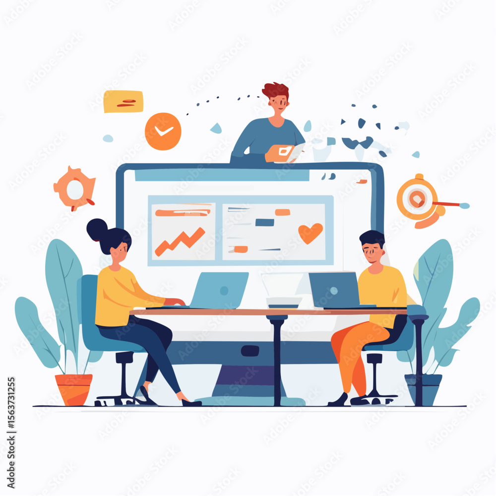 Aufkleber illustration of a team working together at a desk with computers and a large screen