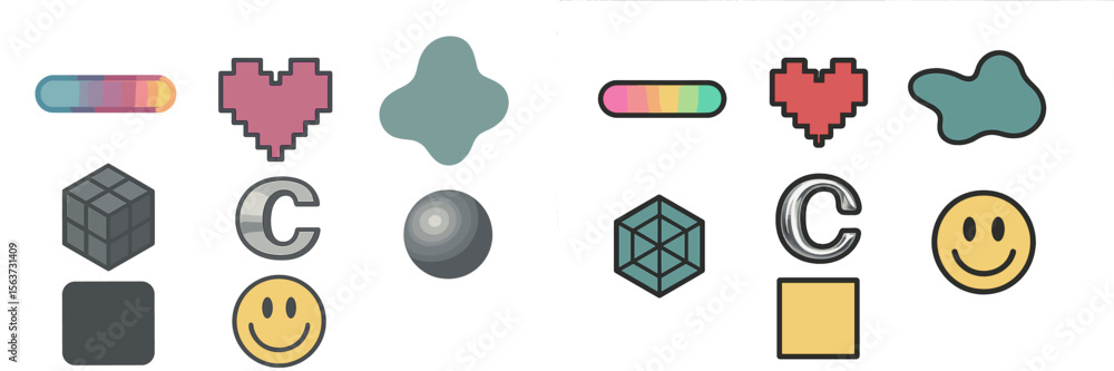 Poster shapes and symbols in various designs showcasing creativity and modern aesthetics