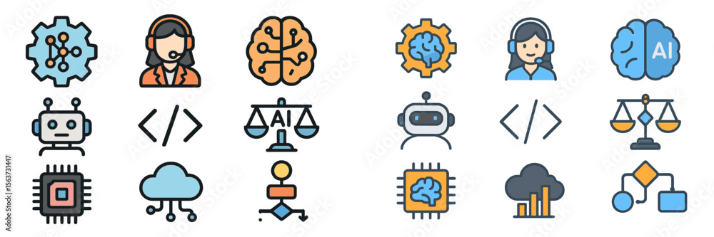 Poster Icons representing artificial intelligence concepts and applications in technology and communication