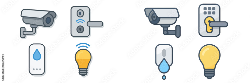 Poster security and automation icons featuring cameras, locks, smart sensors, and light bulbs for modern te
