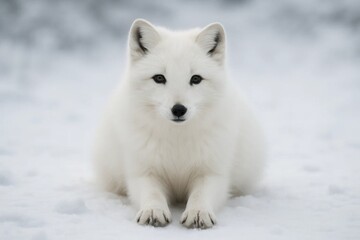 A white fox laying in the snow looking at the camera