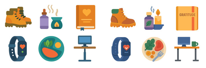 Outdoor wellness essentials featuring hiking boots, healthy food, and gratitude tools for mindful living