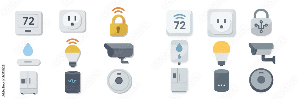 Poster smart home devices and icons representing modern home automation technology