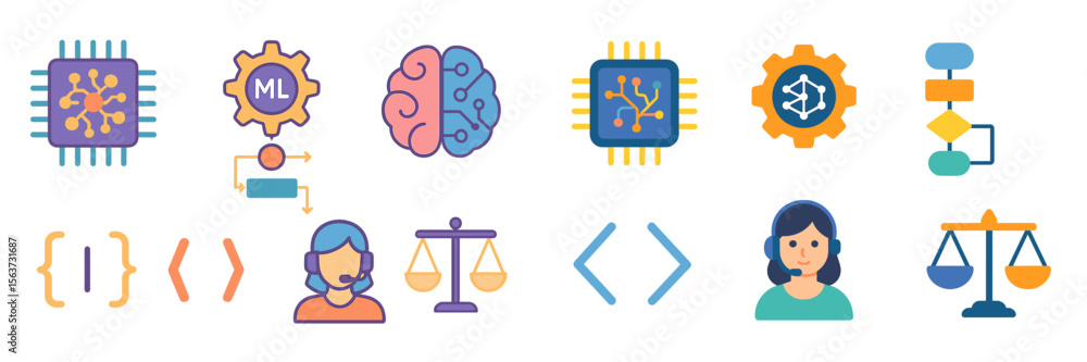 Poster Illustration depicting machine learning concepts with symbols representing neural networks, algorithms, and data flow