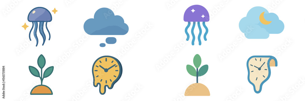 Poster colorful icons depicting weather, jellyfish, and time concepts in a playful and modern design style