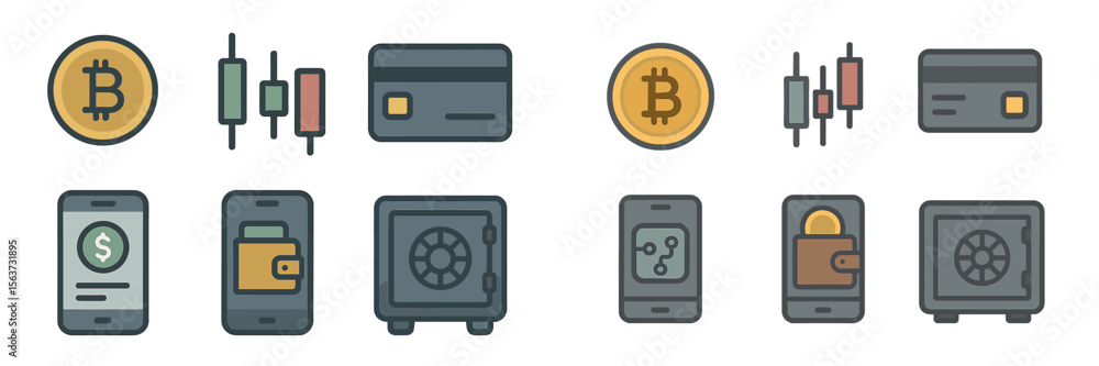 Poster digital currency icons depicting various aspects of cryptocurrency transactions and security in a mo
