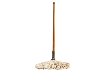 Wooden handle and mop standing white background clean full length single hygiene PNG