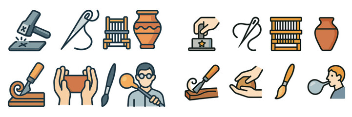 Craft techniques showcasing various skills including woodworking, pottery, and sewing at a creative workshop