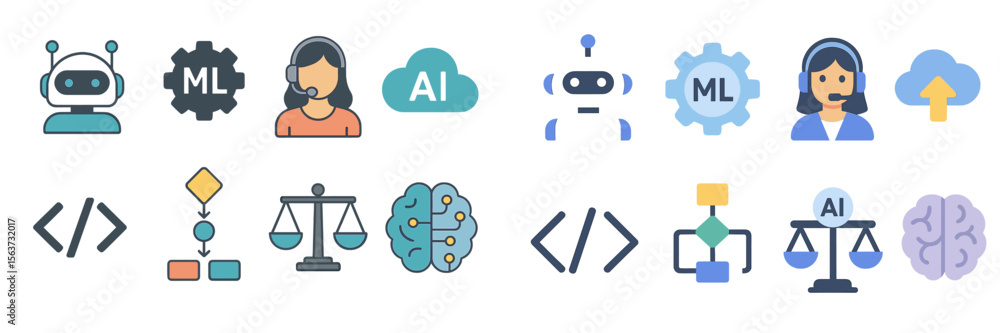 Poster Exploring machine learning and artificial intelligence icons in digital technology visuals for educational projects