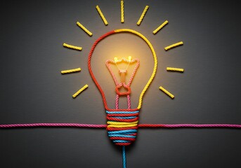 Creative lightbulb made of colorful rope on dark backdrop