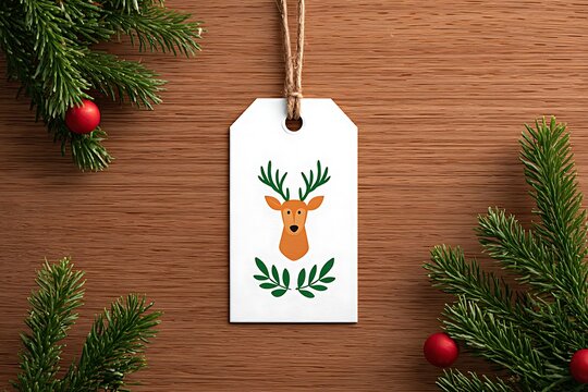 Holiday gift tag featuring a stylized reindeer head and green laurel branches on a wood surface.