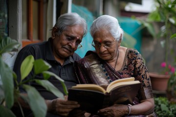Portrait of a satisfied indian couple in their 80s reading a book together
