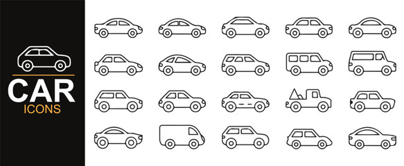 Set of various car icons in line art style, including SUVs, sedans, and vans, perfect for automotive-related designs.