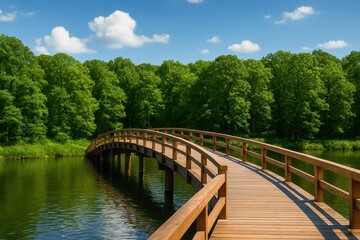 Fototapeta premium A wooden bridge over a body of water surrounded by trees