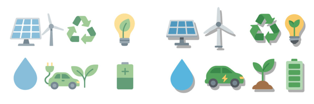 Icons representing renewable energy and sustainability practices, showcasing various green technologies and initiatives for environmental awareness
