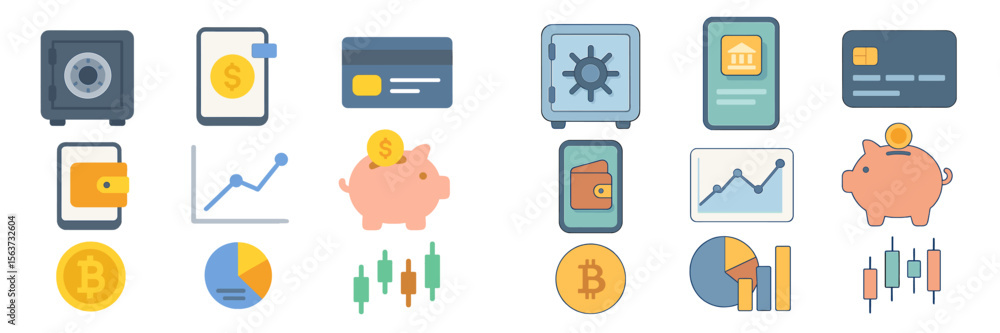 Poster exploring finance concepts with various digital and physical currency representations in modern fina