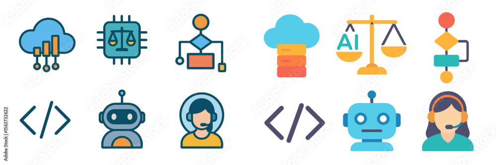 Poster Illustrations of artificial intelligence concepts including cloud computing, data scales, and chatbot interactions among vibrant icons