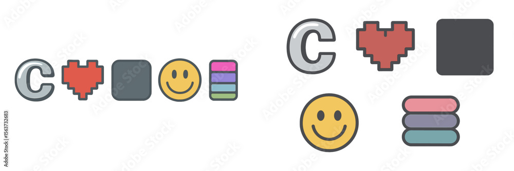 Poster colorful illustrations of symbols and shapes with a heart and smiley face representing fun and creat