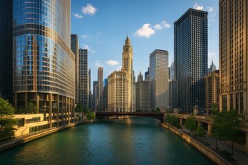 Fototapeta premium A view of a river running through a city with tall buildings