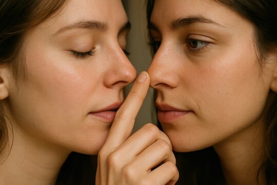  A woman putting her finger on another woman's nose