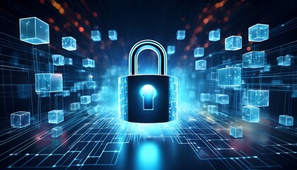 futuristic digital padlock with glowing keyhole is surrounded by network of blockchain cubes symbolizing advanced security and technology