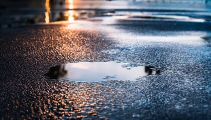 close up of a water puddle on blacktop after rain captured in macro detail