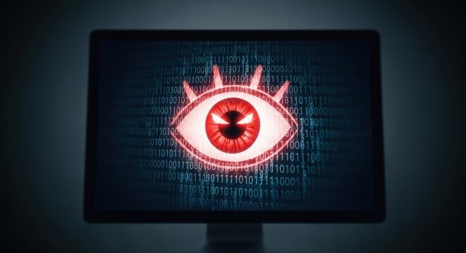 Red evil eye with binary code on a computer monitor represents cyber surveillance and digital security risk concept.