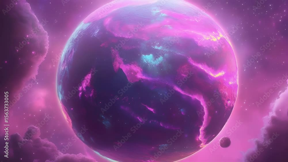Poster abstract digital artwork showcasing a vibrant glowing planet with nebula patterns floating amidst ce