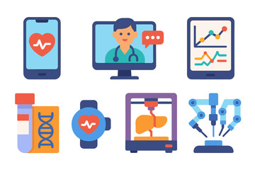 Health technology concepts with digital devices and medical icons illustrating telemedicine and data analysis in healthcare settings