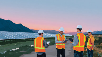 Team Maintenance Morning Briefing Using Digital Tablets Around Solar Array Mountain Horizon For Ppt Cover Kv And Training