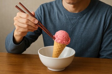 A man holding chopsticks over a bowl of ice cream