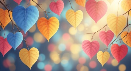 Colorful Heart Shaped Leaves Hanging from Branches with Bokeh Lights