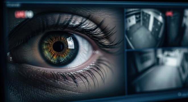 Woman's eye closely observing surveillance feed, concept of cybersecurity, privacy violation and monitoring data