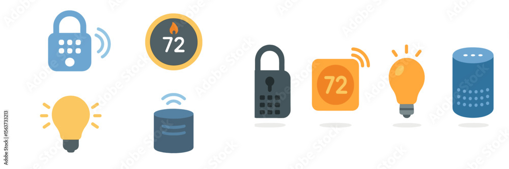 Poster smart home technology icons represent various devices for lighting, security, and temperature contro