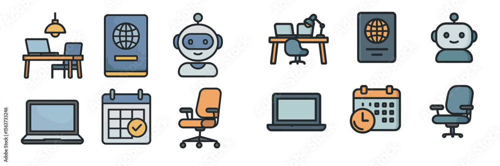 Poster icons depicting modern workspace and technology concepts including remote work, artificial intellige