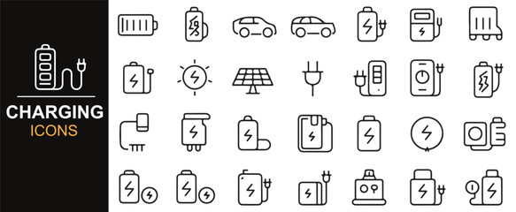 Set of modern icons for electric vehicle charging, solar power, and energy storage, perfect for eco-tech designs.