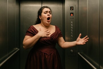 A woman in a red dress standing in an elevator