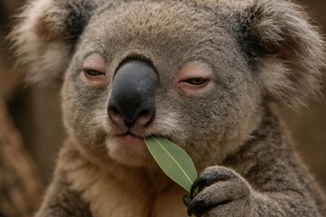 A koala bear eating a leaf in its mouth