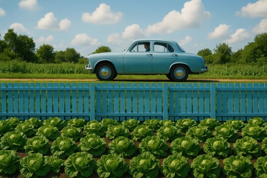 Fototapeta A blue car parked in front of a blue fence in a field of lettuce