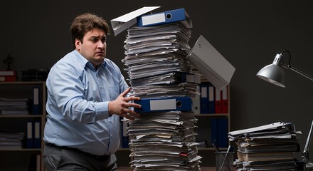 Overwhelmed office worker struggles under a towering stack of paperwork, late at night, feeling stressed and anxious.