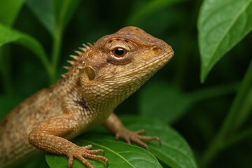 Fototapeta premium A small lizard sitting on top of a green leaf