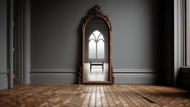 Scary Hallway, Vintage Ornate Mirror Reflection in Gothic Room with Elegant Architecture and Wooden Flooring