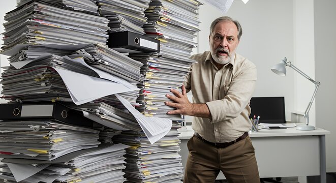 Overwhelmed businessman struggles under a massive pile of paperwork, his stressed expression revealing the pressure of his workload.