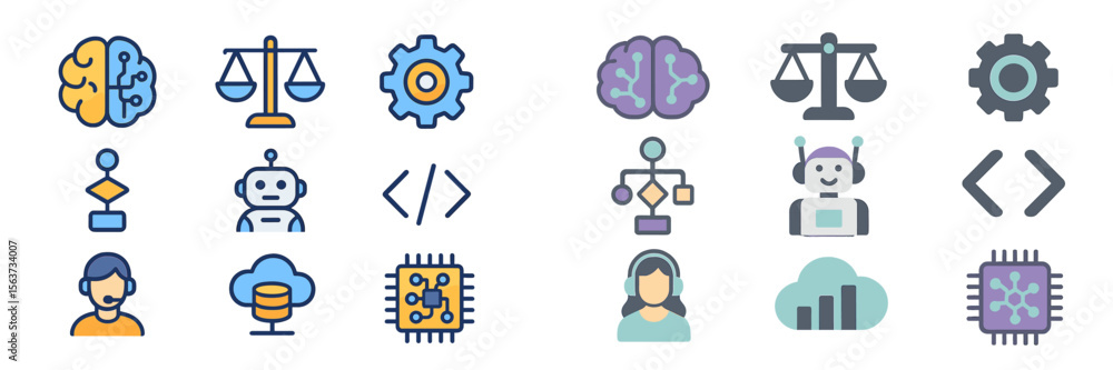 Poster Symbols representing artificial intelligence and technology in a creative layout with various icons displayed clearly