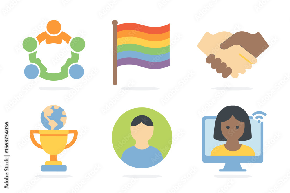 Aufkleber diverse symbols representing community, acceptance, and global connection in a modern digital contex