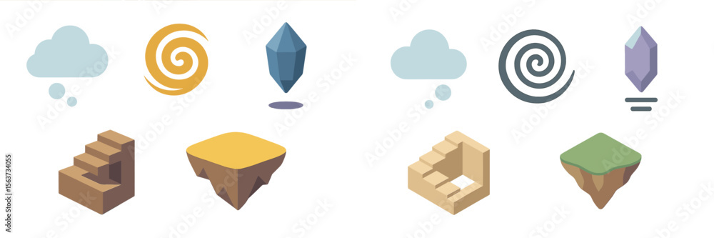 Poster Abstract design featuring floating elements and geometric shapes in various colors and patterns