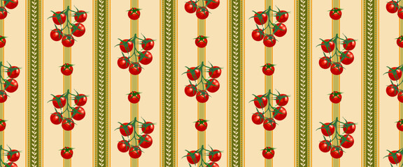 Red fresh ripe tomatoes on vine seamless pattern with hand drawn decorative, ornamental  floral leaves vertical striped on a beige backdrop, perfect for culinary, textile, graphic, wrapping design
